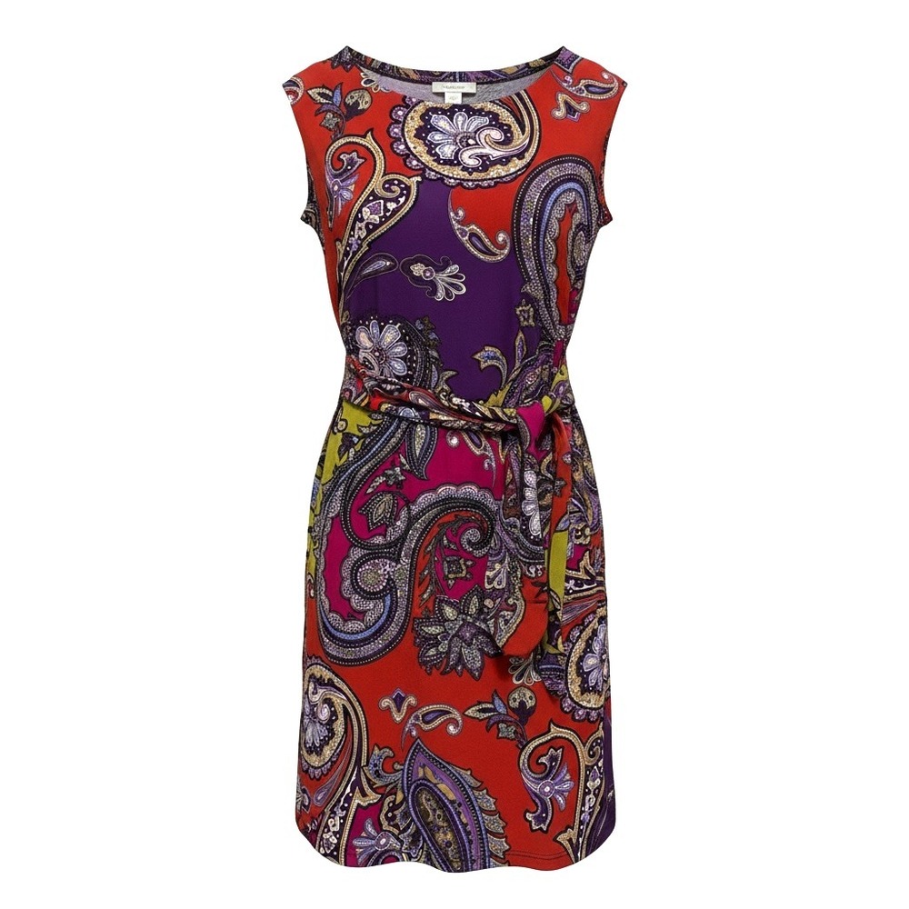MSK Paisley Sheath Dress Women Size 6 Red Purple Sleeveless Faux Wrap USA Made